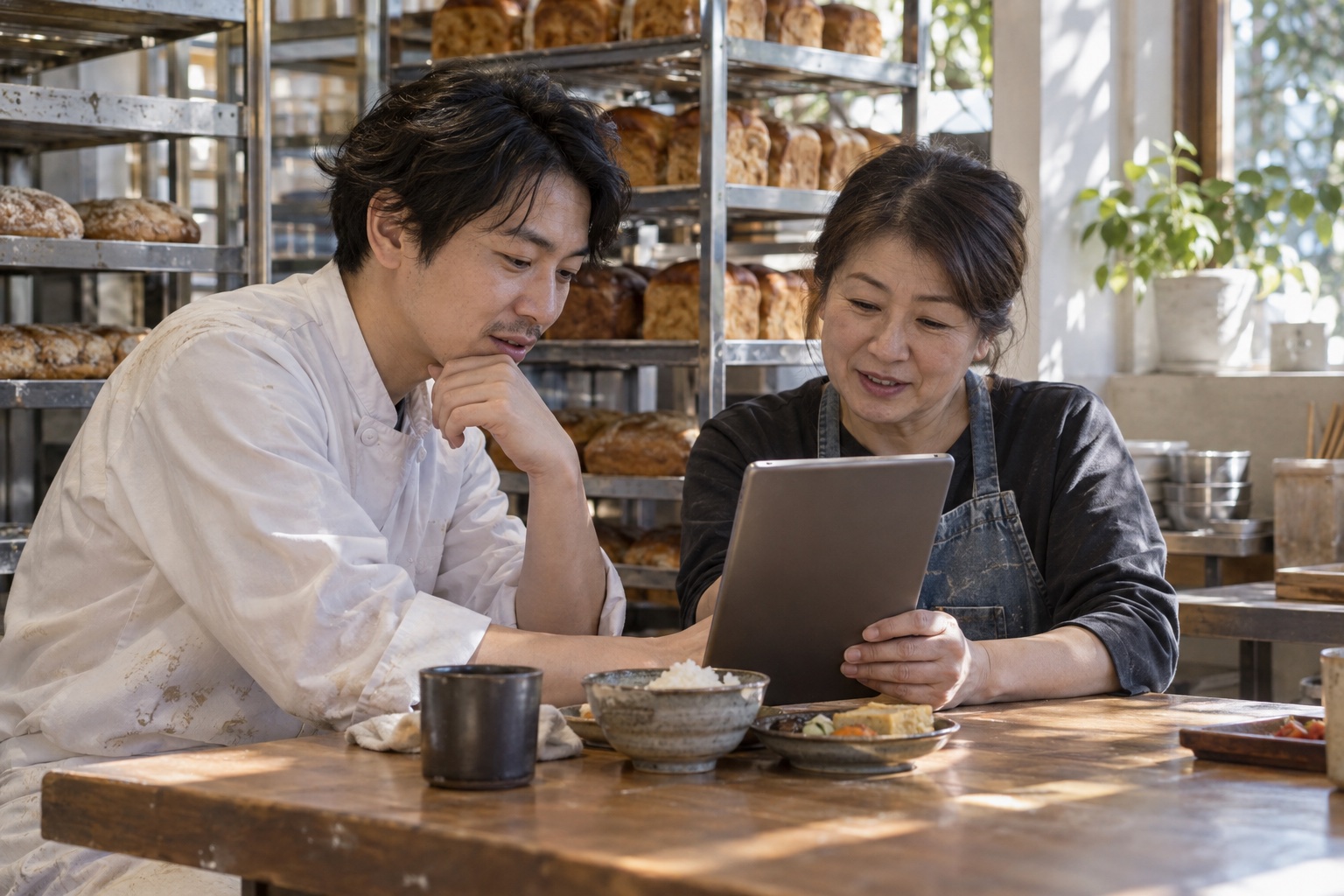 昼休みのパン屋で出勤予定を確認するスタッフ。AI生成のイメージで、実際の画面・事例・提供内容を示すものではありません。