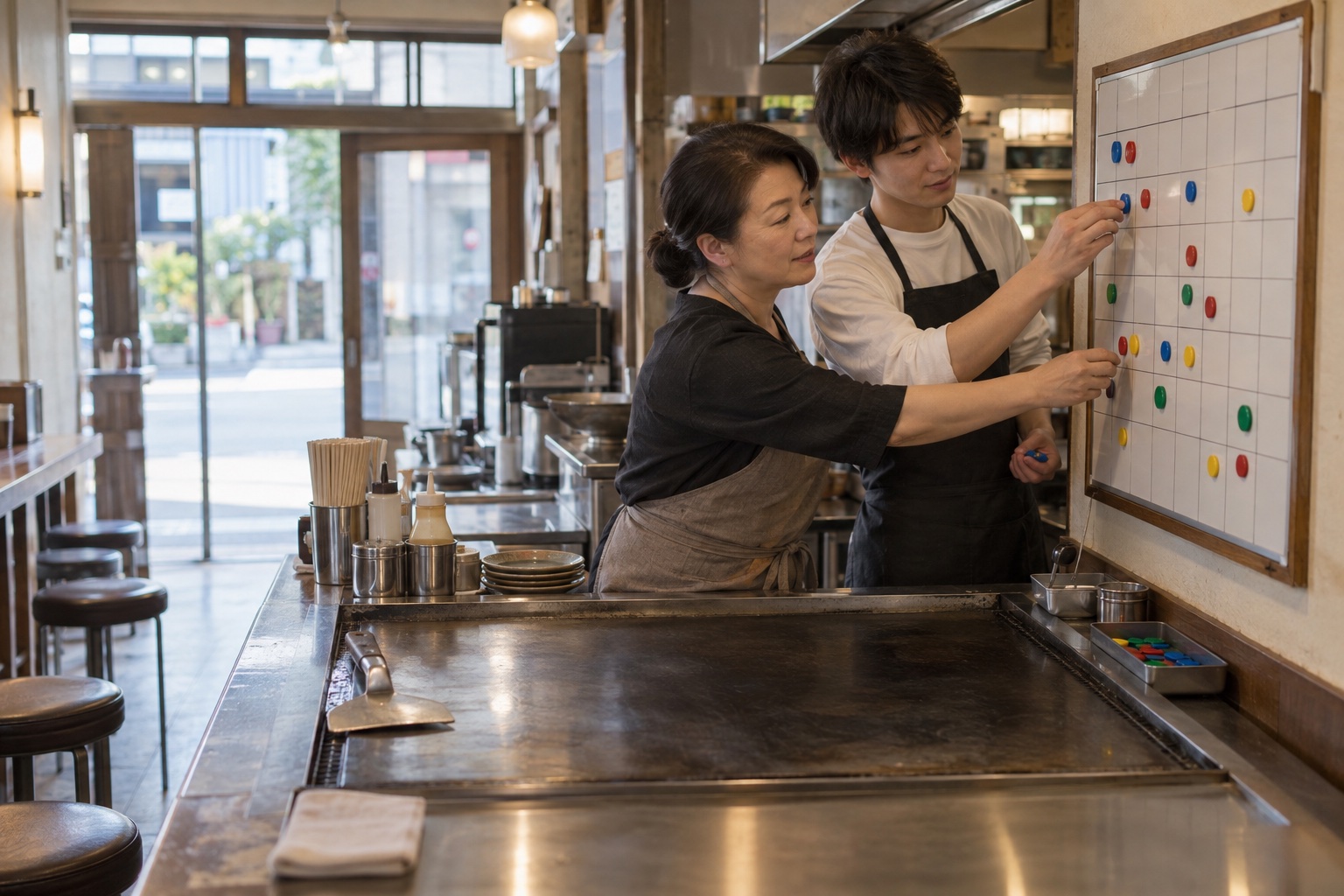 お好み焼き店で週の勤務を組む店主とスタッフ。AI生成のイメージで、実際の画面・事例・提供内容を示すものではありません。