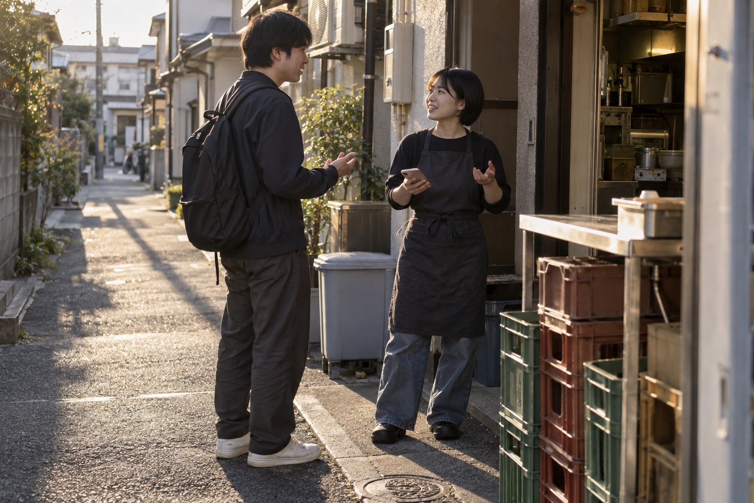 居酒屋の搬入口で交代を相談するスタッフ。AI生成のイメージで、実際の画面・事例・提供内容を示すものではありません。