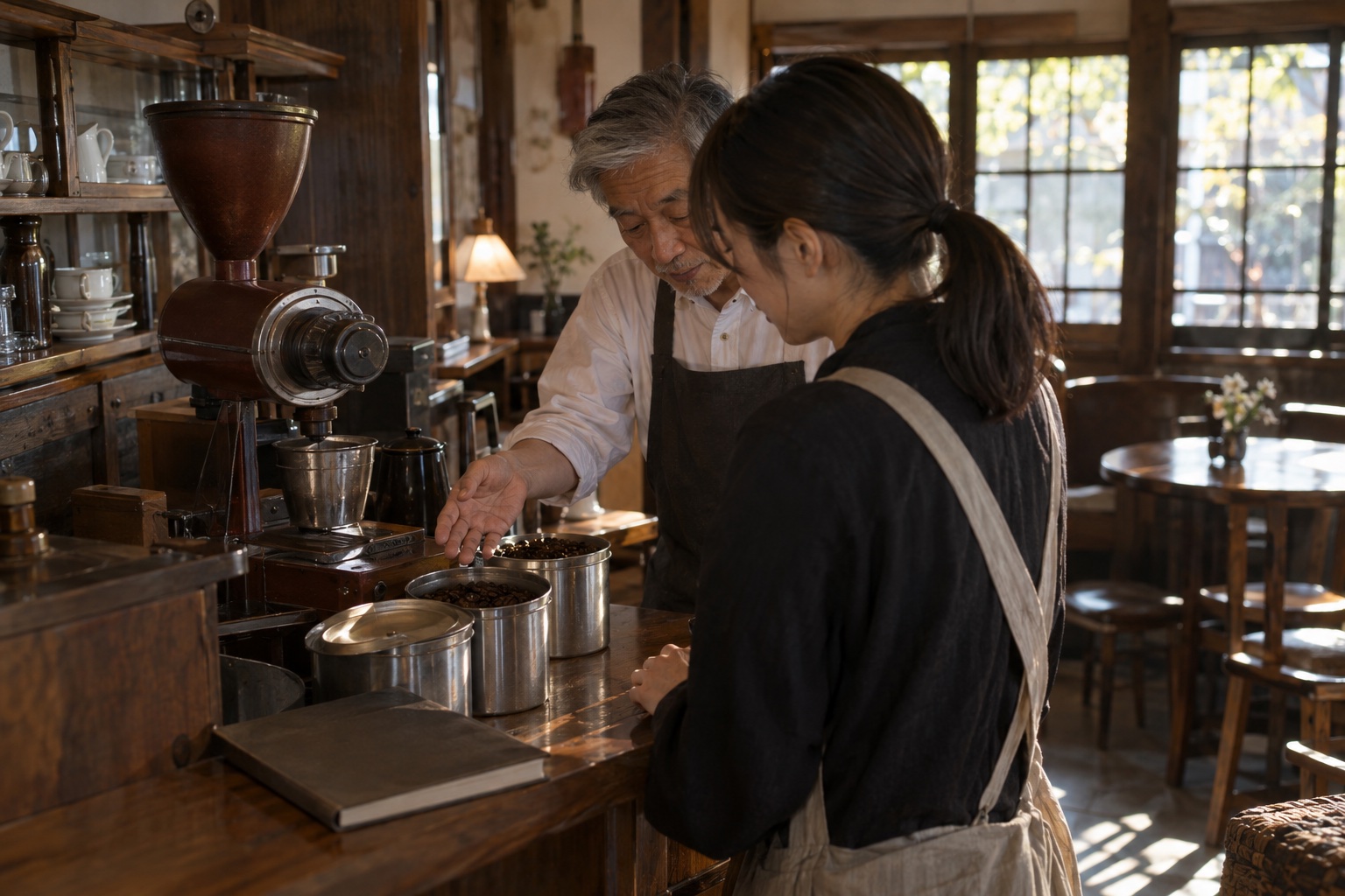 昼下がりの喫茶店で担当を引き継ぐ二人。AI生成のイメージで、実際の画面・事例・提供内容を示すものではありません。