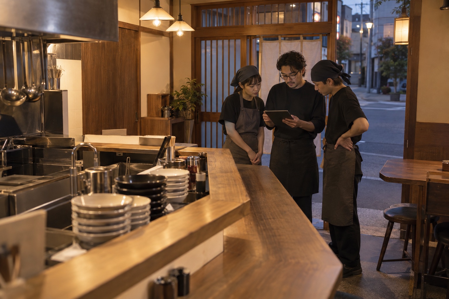 開店前のラーメン店で勤務を確認する店長。AI生成のイメージで、実際の画面・事例・提供内容を示すものではありません。