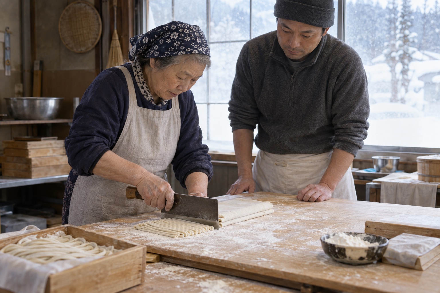 うどん店で新人に麺の切り方を教える先輩。AI生成のイメージで、実際の画面・事例・提供内容を示すものではありません。
