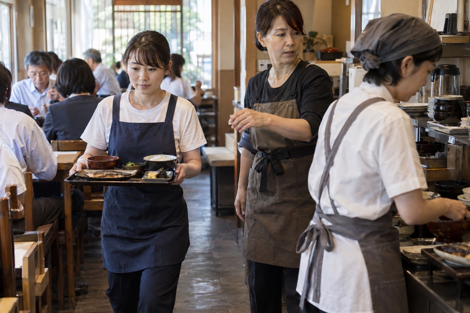 混雑する定食屋で注文を取りまとめるスタッフ。AI生成のイメージで、実際の画面・事例・提供内容を示すものではありません。