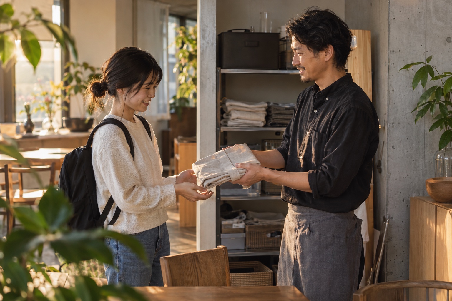 夕方のカフェで新人にエプロンを渡す店長。AI生成のイメージで、実際の画面・事例・提供内容を示すものではありません。