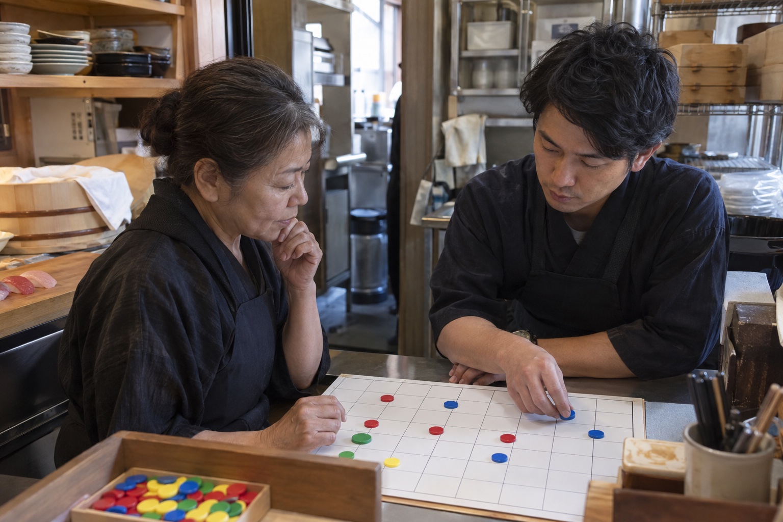 寿司店の奥で週末の勤務を組む二人。AI生成のイメージで、実際の画面・事例・提供内容を示すものではありません。