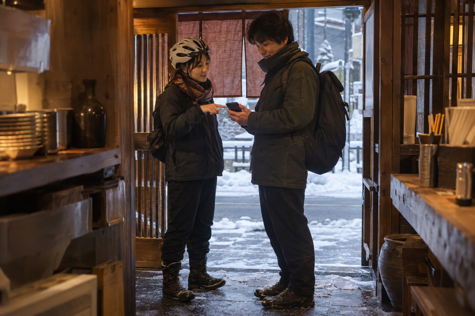 居酒屋の土間で勤務交代を相談する二人。AI生成のイメージで、実際の画面・事例・提供内容を示すものではありません。