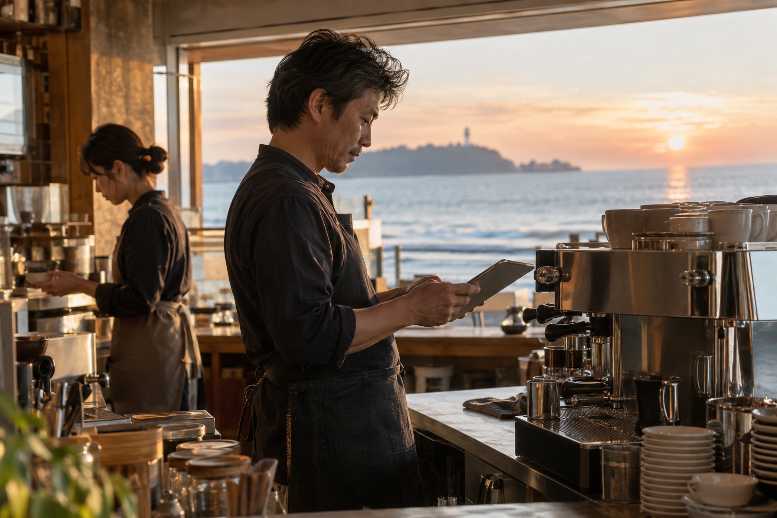 海辺のカフェで勤務予定を確認する店長。AI生成のイメージで、実際の画面・事例・提供内容を示すものではありません。