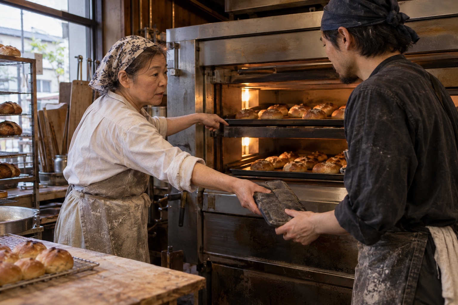 パン屋のオーブン前で焼成を引き継ぐ二人。AI生成のイメージで、実際の画面・事例・提供内容を示すものではありません。