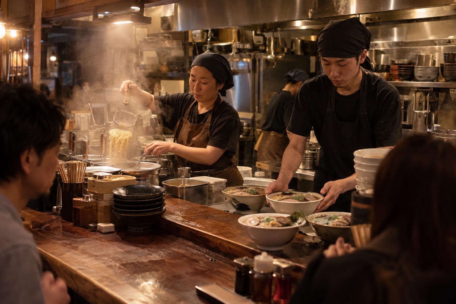 満席のラーメン店で麺を上げる店員。AI生成のイメージで、実際の画面・事例・提供内容を示すものではありません。