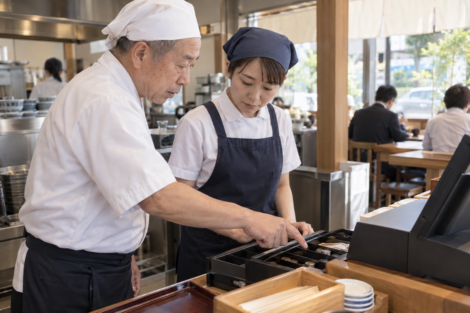 うどん店で新人に会計を教える先輩。AI生成のイメージで、実際の画面・事例・提供内容を示すものではありません。