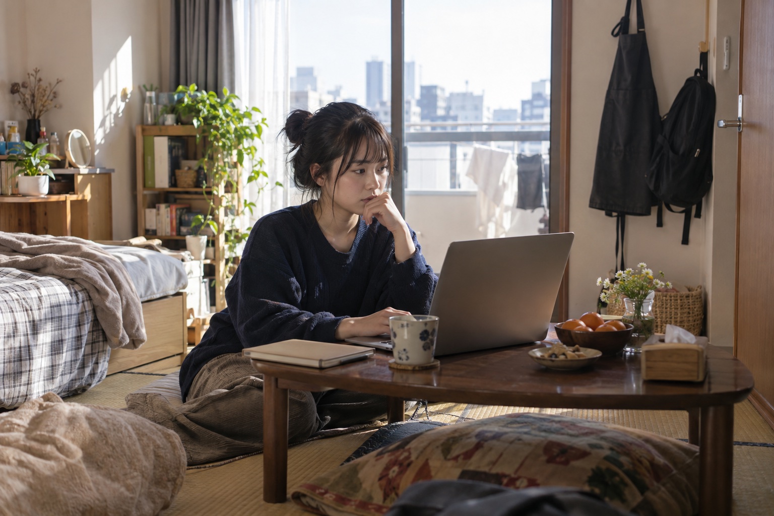 自宅で授業とバイトの予定を考える学生。AI生成のイメージで、実際の画面・事例・提供内容を示すものではありません。