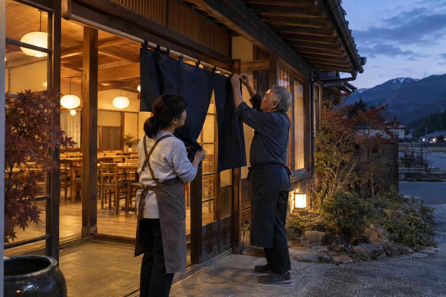 定食屋の店先で閉店の暖簾を外す二人。AI生成のイメージで、実際の画面・事例・提供内容を示すものではありません。