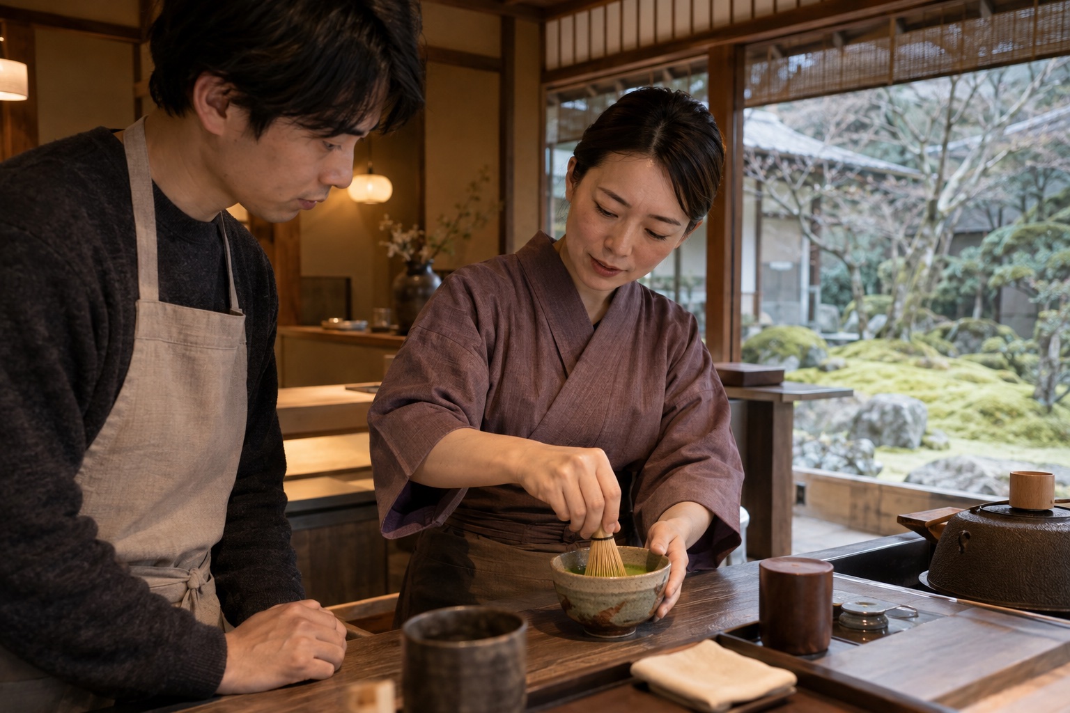 甘味処で新人に抹茶の点て方を教える店長。AI生成のイメージで、実際の画面・事例・提供内容を示すものではありません。