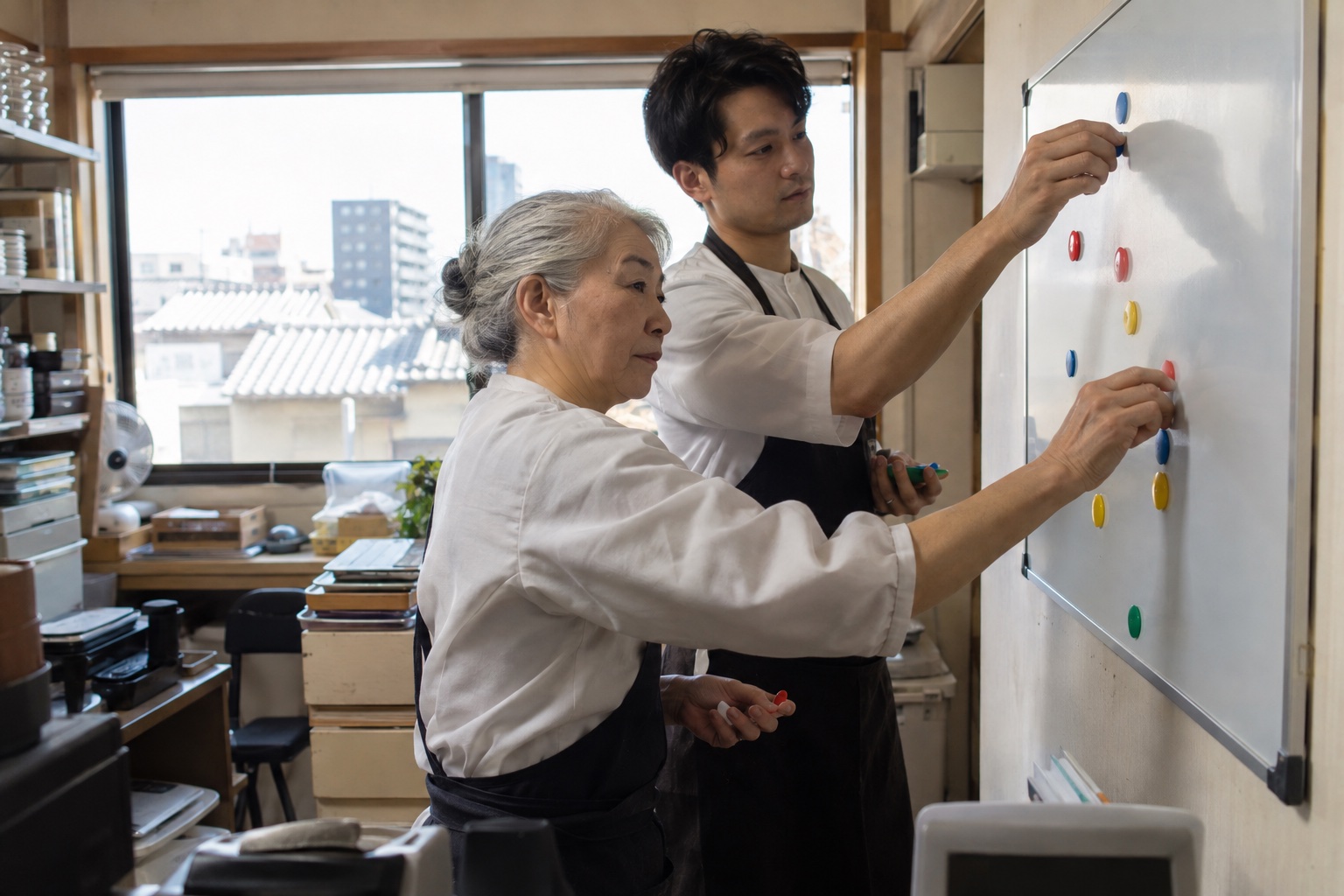 天ぷら店の事務室でシフトを組む店主と主任。AI生成のイメージで、実際の画面・事例・提供内容を示すものではありません。