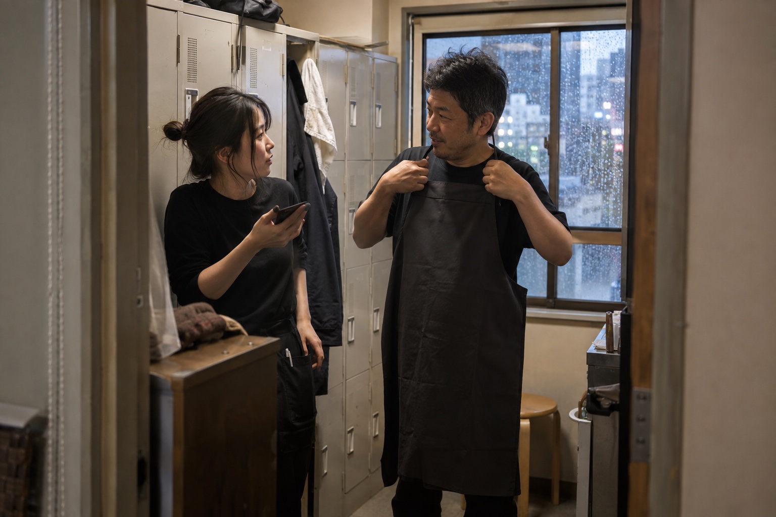 居酒屋の更衣室で勤務交代を相談するスタッフ。AI生成のイメージで、実際の画面・事例・提供内容を示すものではありません。