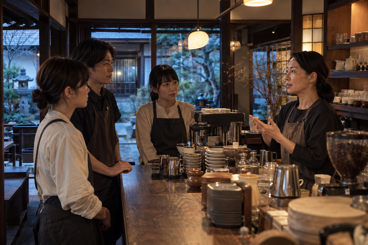 開店前のカフェで担当を確認するスタッフ。AI生成のイメージで、実際の画面・事例・提供内容を示すものではありません。