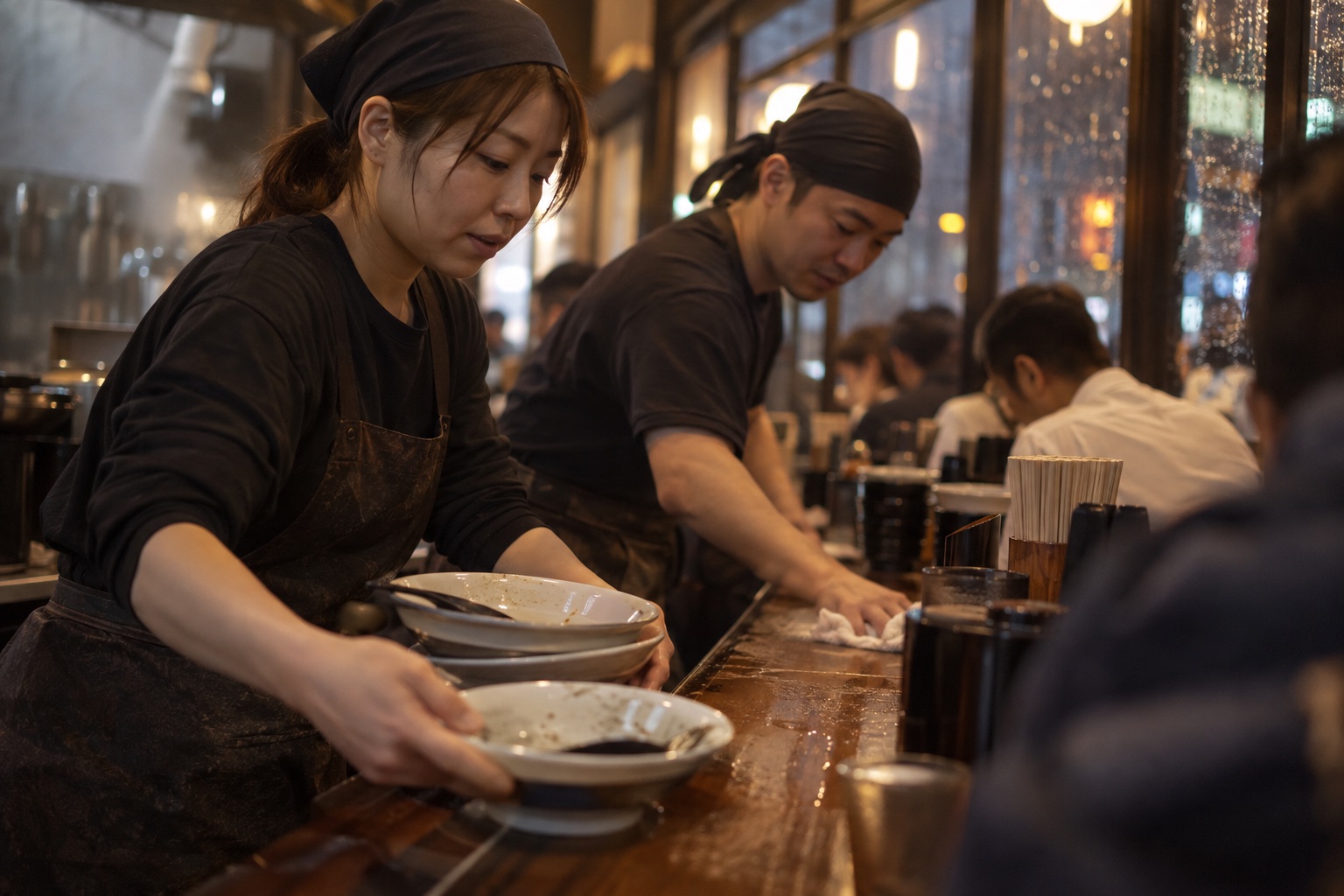 ラーメン店で満席の客席を片付けるスタッフ。AI生成のイメージで、実際の画面・事例・提供内容を示すものではありません。