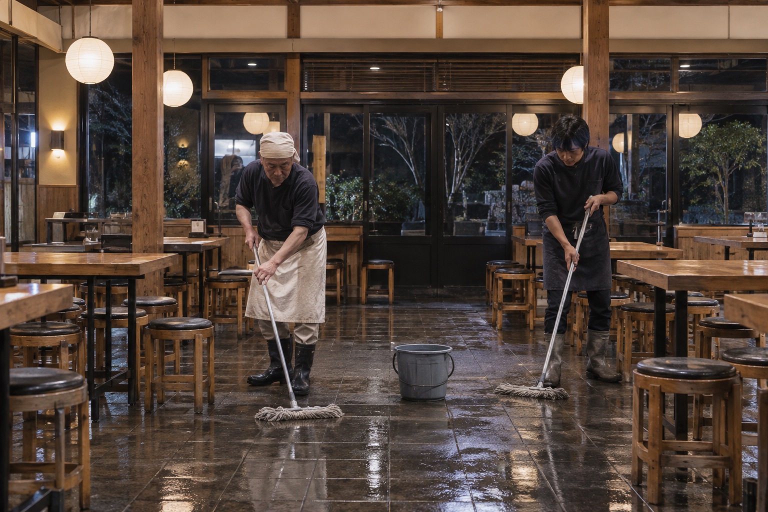 閉店後のうどん店で床を磨く店主とスタッフ。AI生成のイメージで、実際の画面・事例・提供内容を示すものではありません。