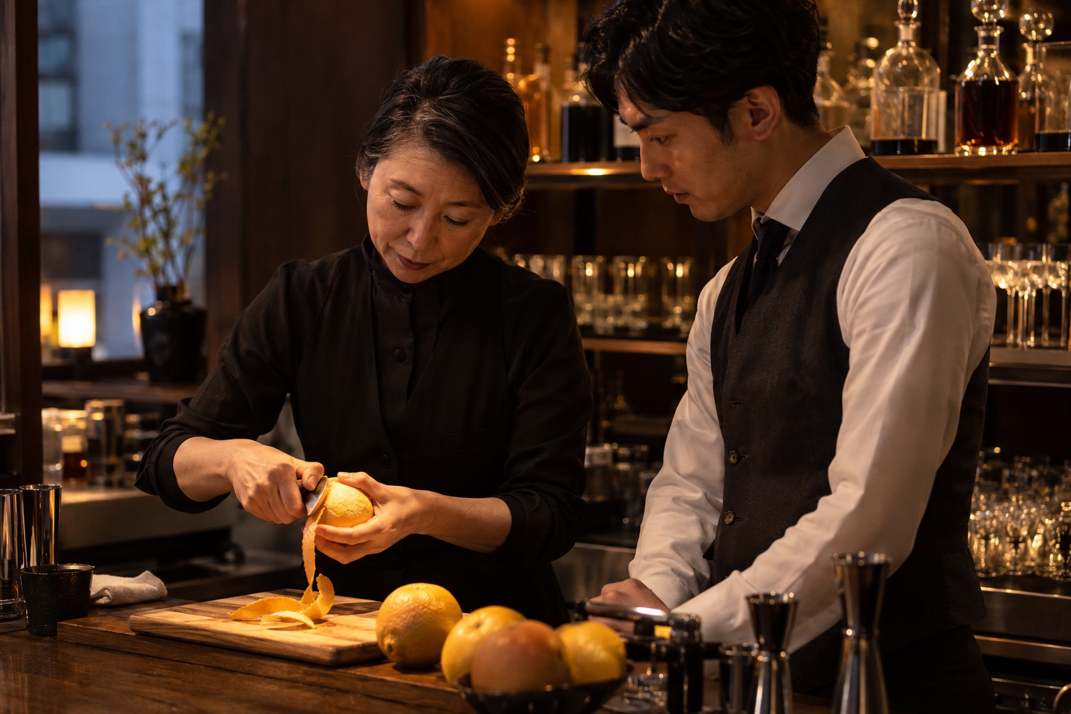 バーで新人に柑橘の仕込みを教える店長。AI生成のイメージで、実際の画面・事例・提供内容を示すものではありません。