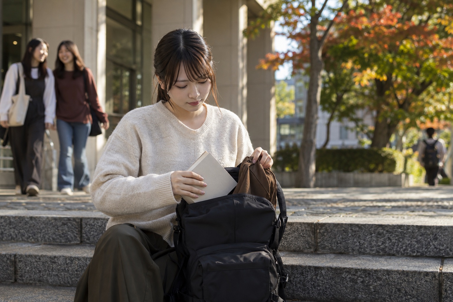 大学の中庭でバイトへ向かう準備をする学生。AI生成のイメージで、実際の画面・事例・提供内容を示すものではありません。