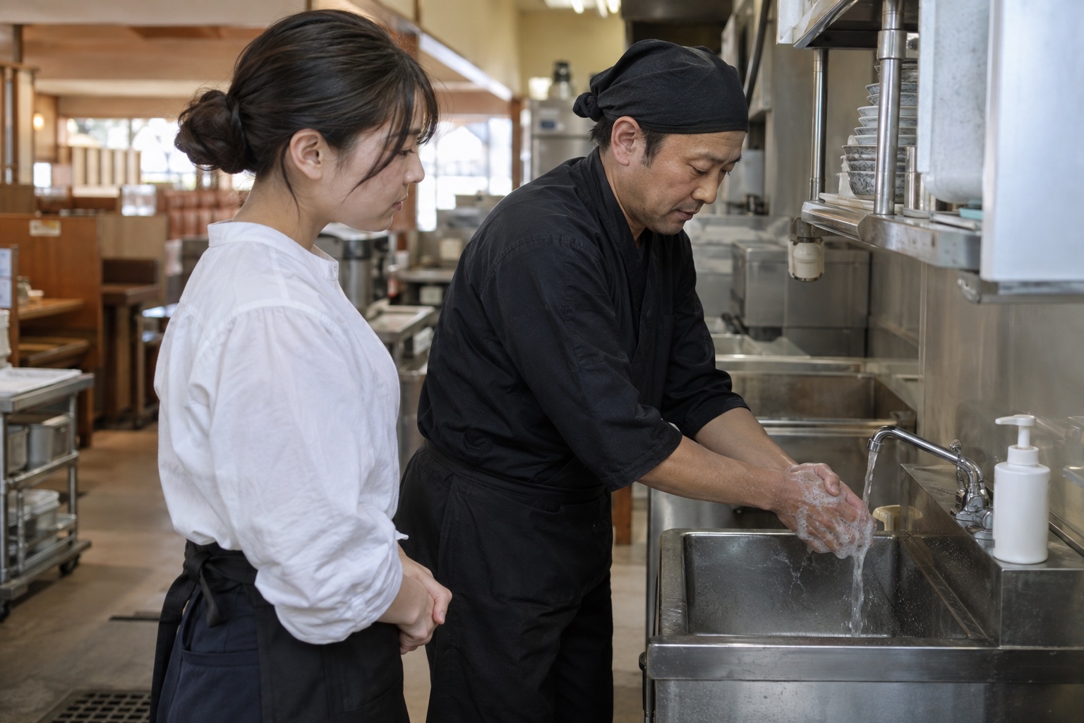 食堂の厨房で新人に手洗いを教える先輩。AI生成のイメージで、実際の画面・事例・提供内容を示すものではありません。