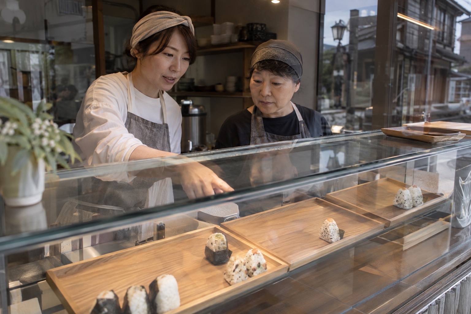 おにぎり店で交代前に在庫を確認する二人。AI生成のイメージで、実際の画面・事例・提供内容を示すものではありません。