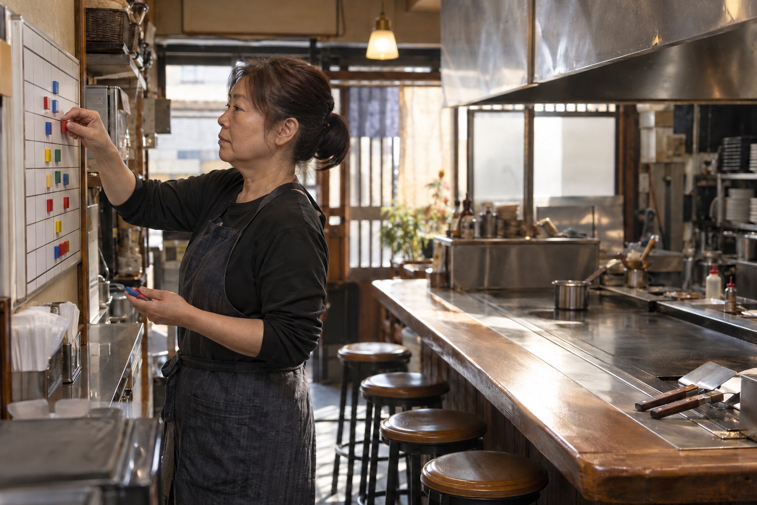 お好み焼き店で色札を使い勤務を組む店主。AI生成のイメージで、実際の画面・事例・提供内容を示すものではありません。