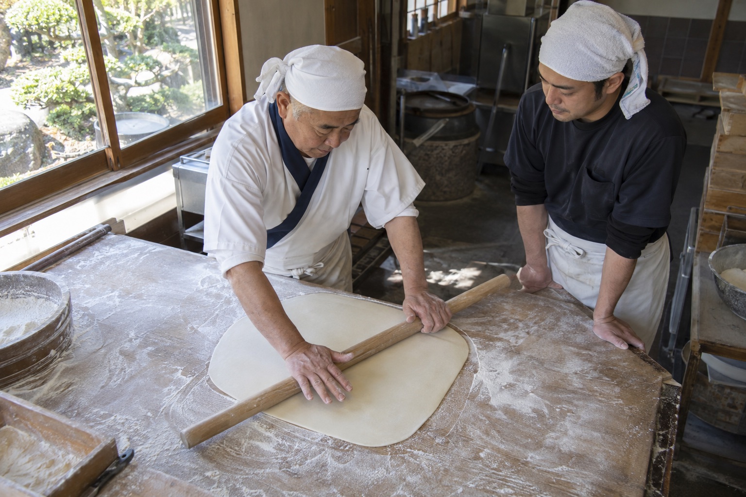 うどん店で新人に生地の延ばし方を教える店主。AI生成のイメージで、実際の画面・事例・提供内容を示すものではありません。