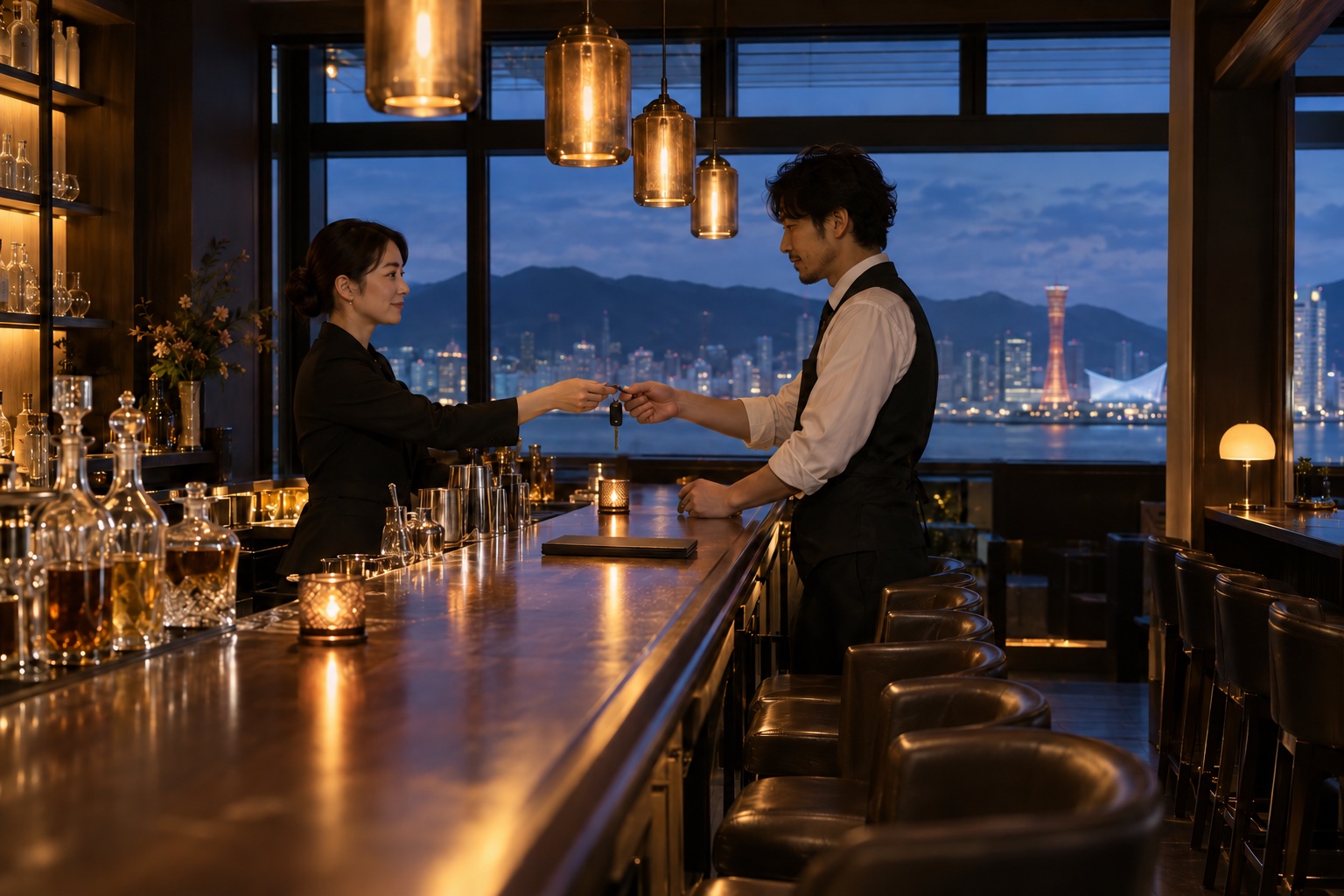 バーの開店前に予約対応を引き継ぐ二人。AI生成のイメージで、実際の画面・事例・提供内容を示すものではありません。