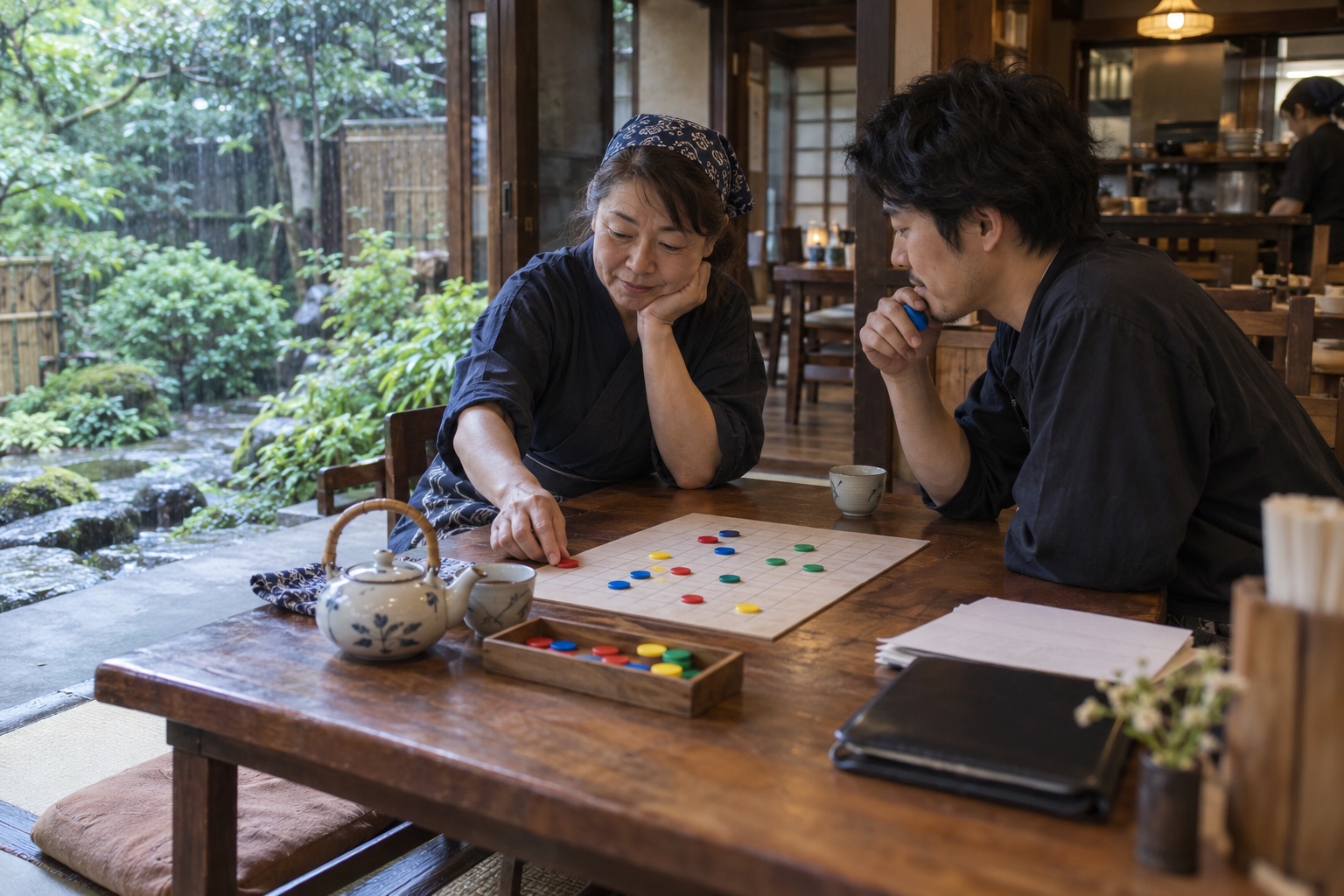 蕎麦屋の客席で勤務表を相談する店主たち。AI生成のイメージで、実際の画面・事例・提供内容を示すものではありません。
