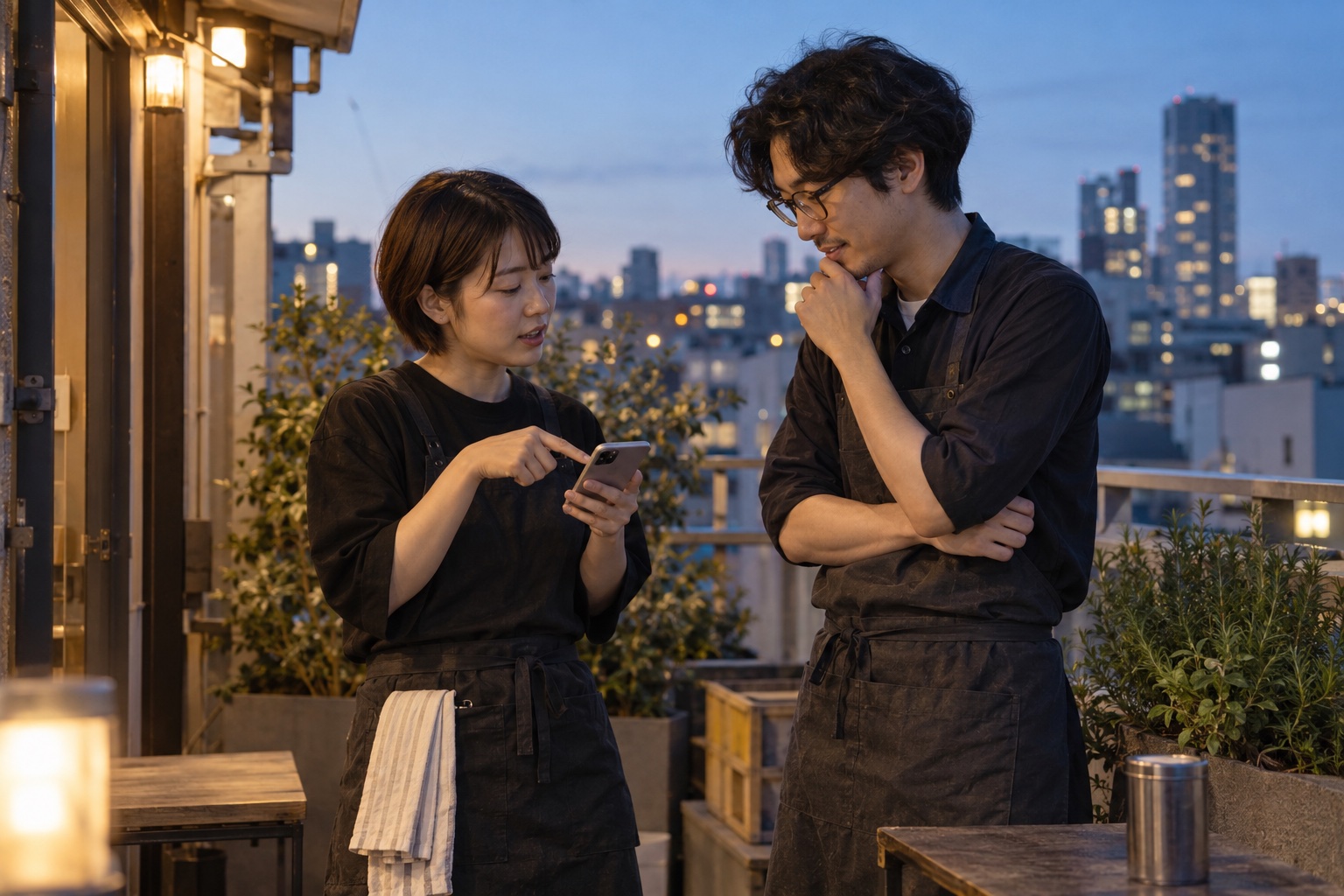 居酒屋の屋上でシフト交代を相談する二人。AI生成のイメージで、実際の画面・事例・提供内容を示すものではありません。