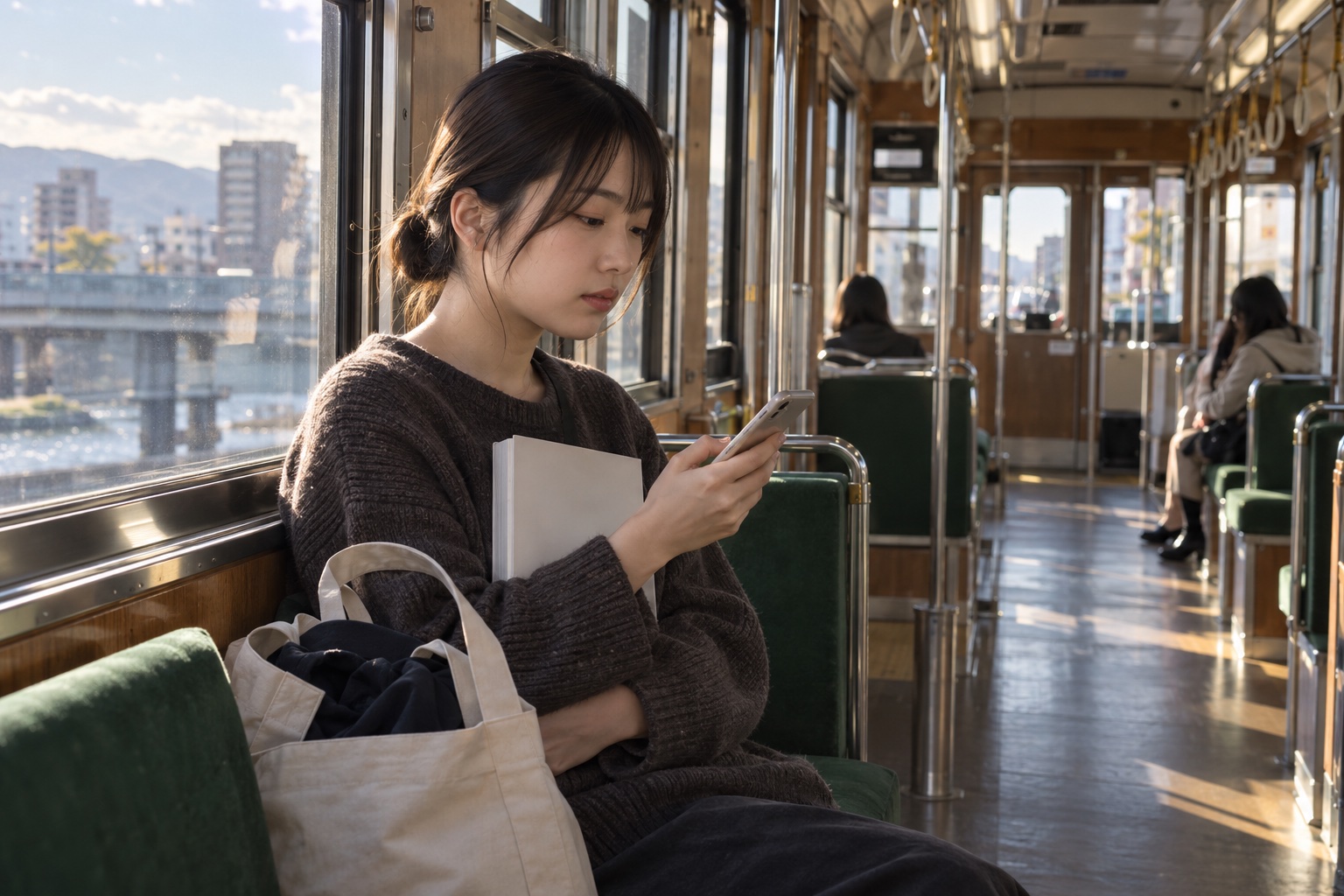 路面電車で授業帰りに勤務を確認する学生。AI生成のイメージで、実際の画面・事例・提供内容を示すものではありません。