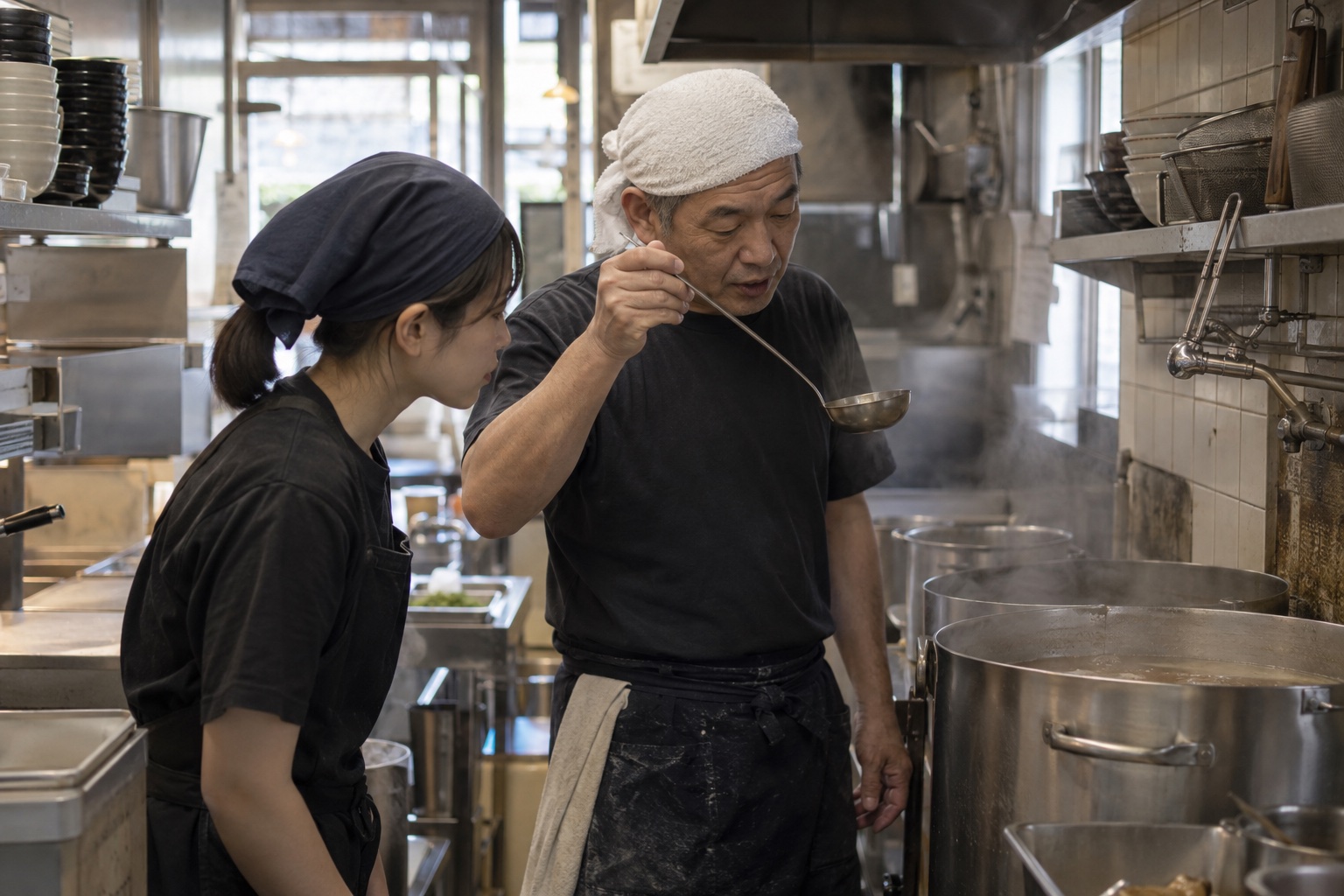 ラーメン店の厨房でスープを引き継ぐ二人。AI生成のイメージで、実際の画面・事例・提供内容を示すものではありません。