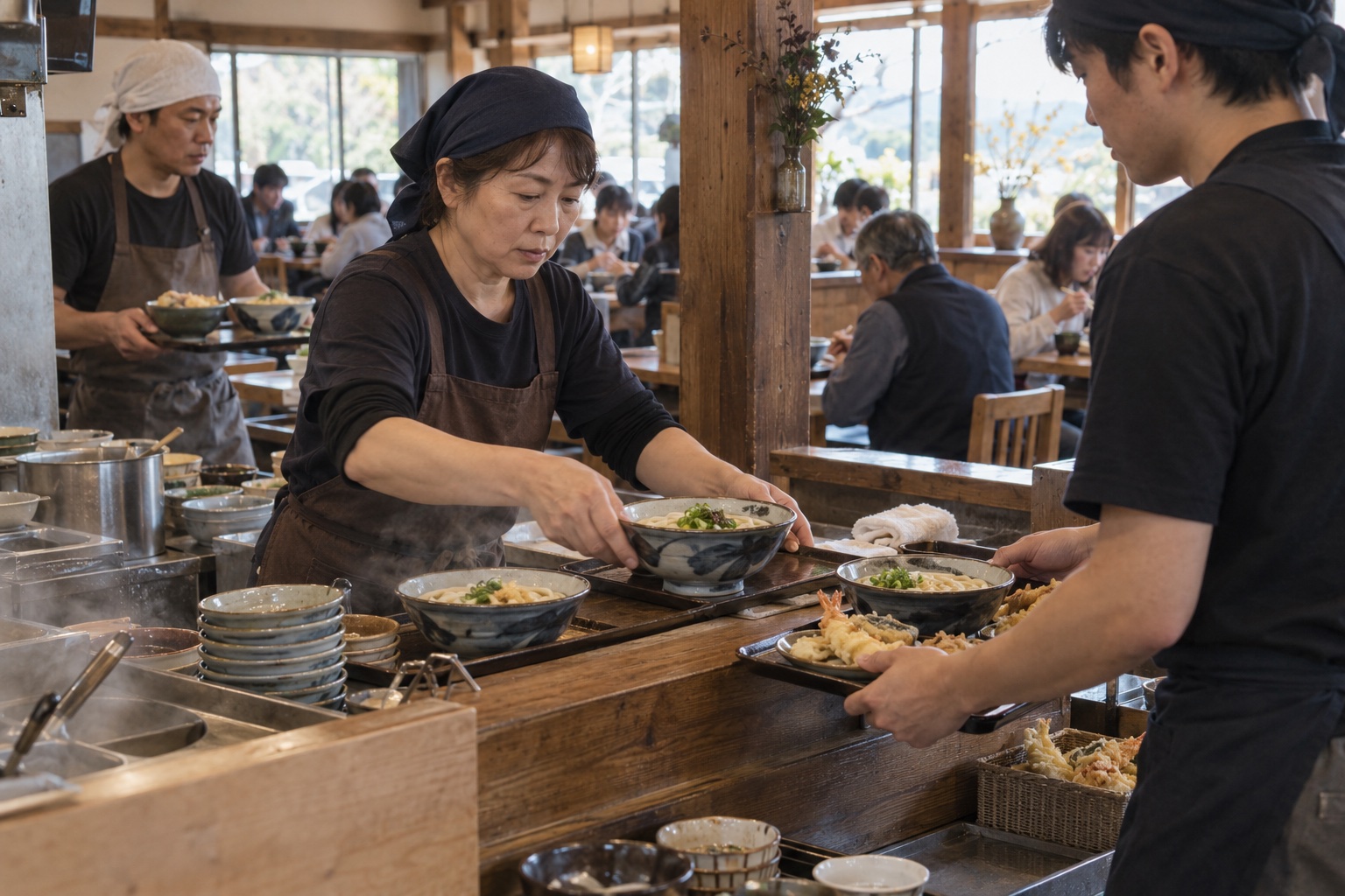 うどん店で昼の配膳を連携するスタッフ。AI生成のイメージで、実際の画面・事例・提供内容を示すものではありません。