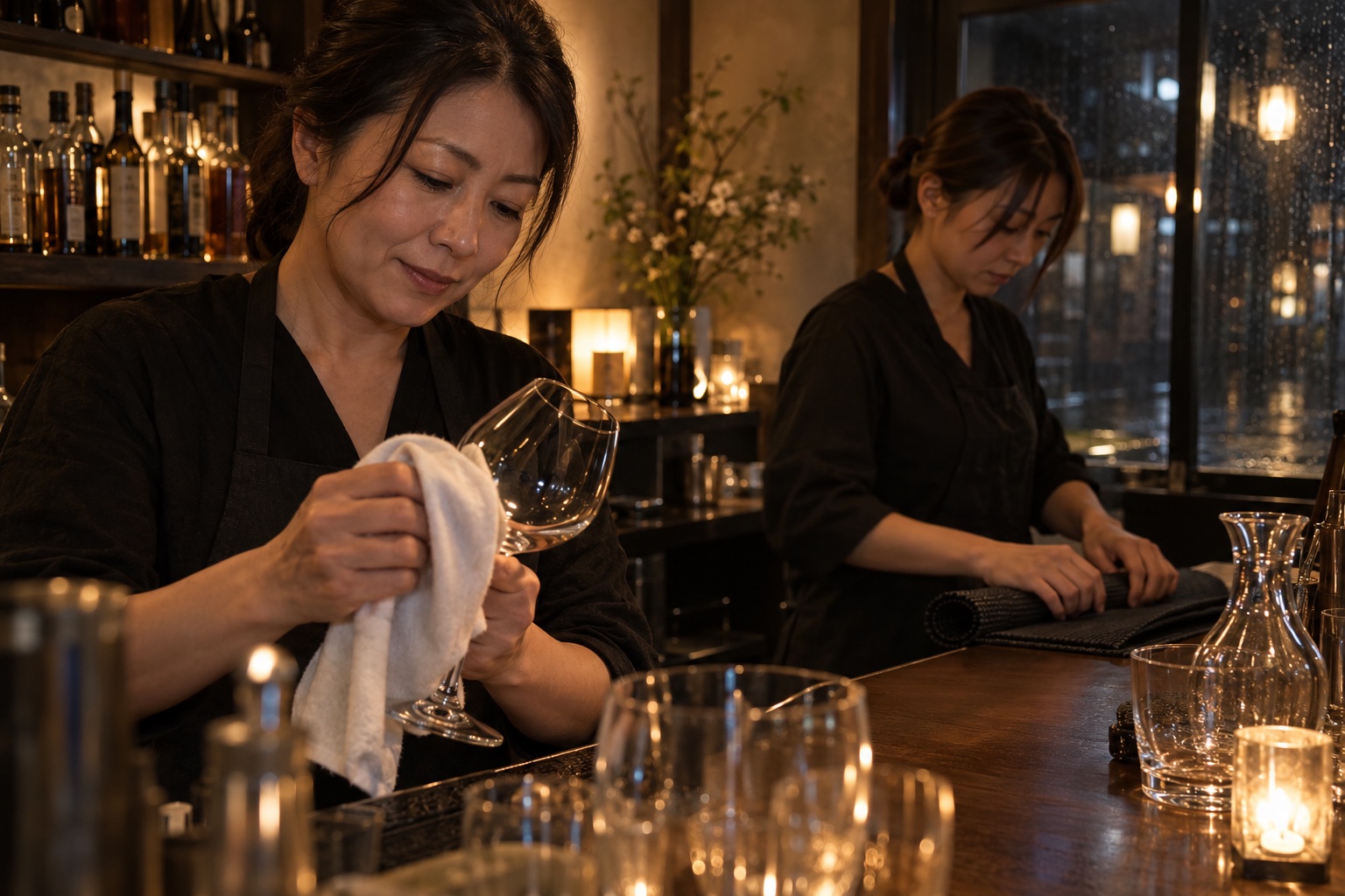 小さなバーで閉店後にグラスを拭く店主。AI生成のイメージで、実際の画面・事例・提供内容を示すものではありません。
