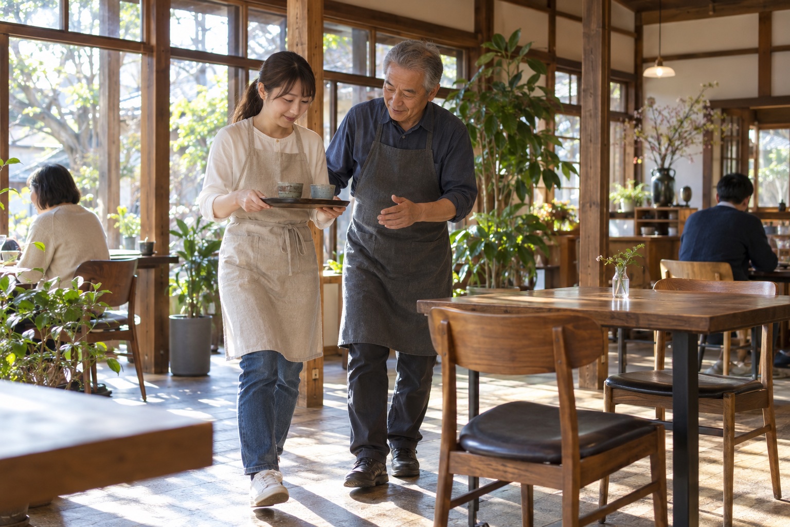 カフェで新人にトレーの持ち方を教える先輩。AI生成のイメージで、実際の画面・事例・提供内容を示すものではありません。