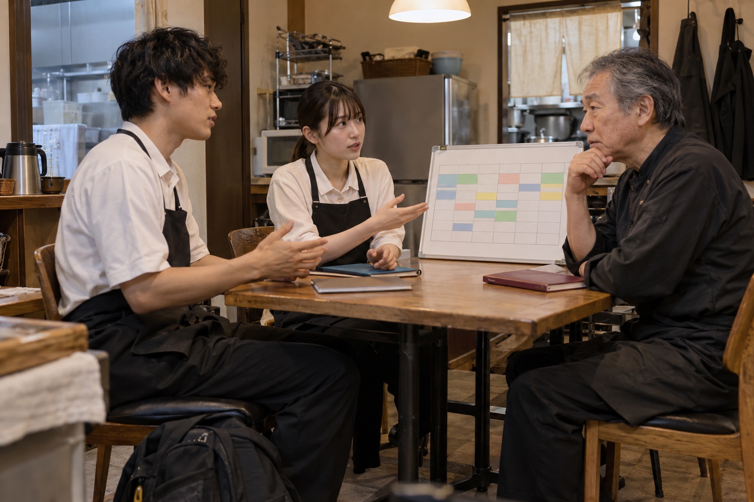 洋食店の休憩室で勤務希望を相談する三人。AI生成のイメージで、実際の画面・事例・提供内容を示すものではありません。