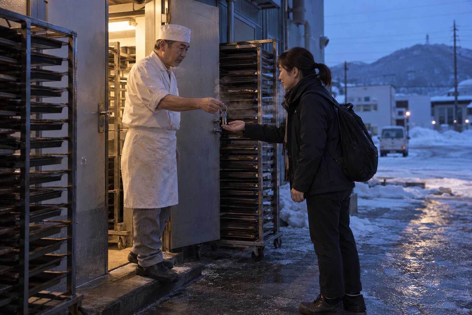 パン屋の搬入口で夜勤を引き継ぐスタッフ。AI生成のイメージで、実際の画面・事例・提供内容を示すものではありません。