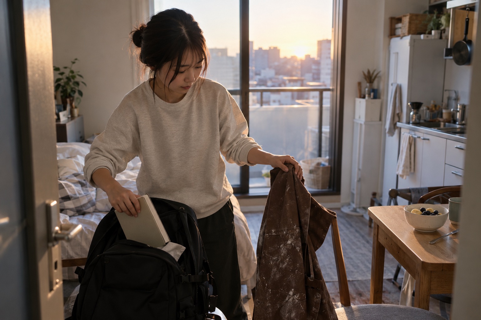 自宅で授業の準備とパン屋の出勤を両立する学生。AI生成のイメージで、実際の画面・事例・提供内容を示すものではありません。