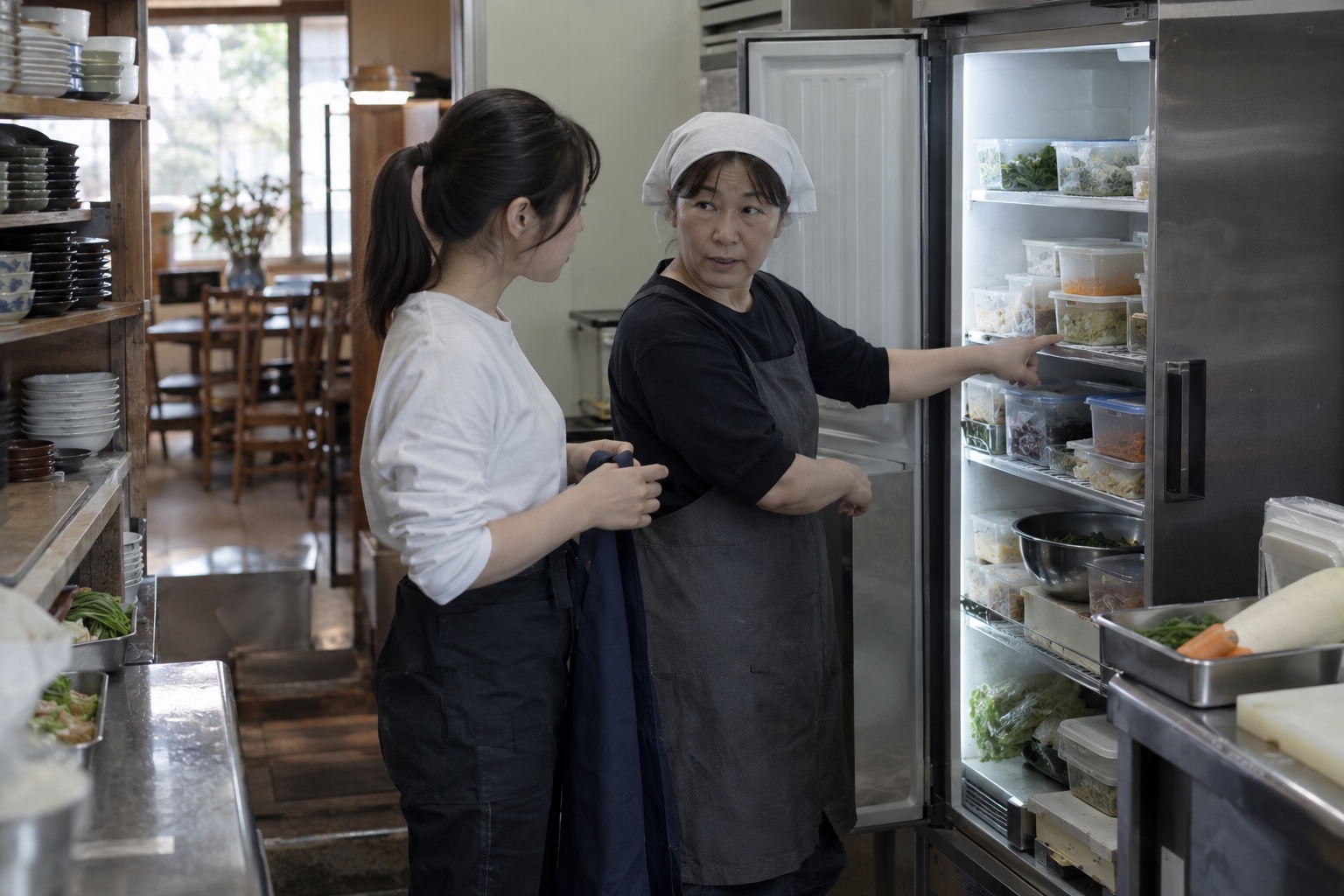 定食屋の冷蔵庫前で交代時の仕込みを伝える二人。AI生成のイメージで、実際の画面・事例・提供内容を示すものではありません。