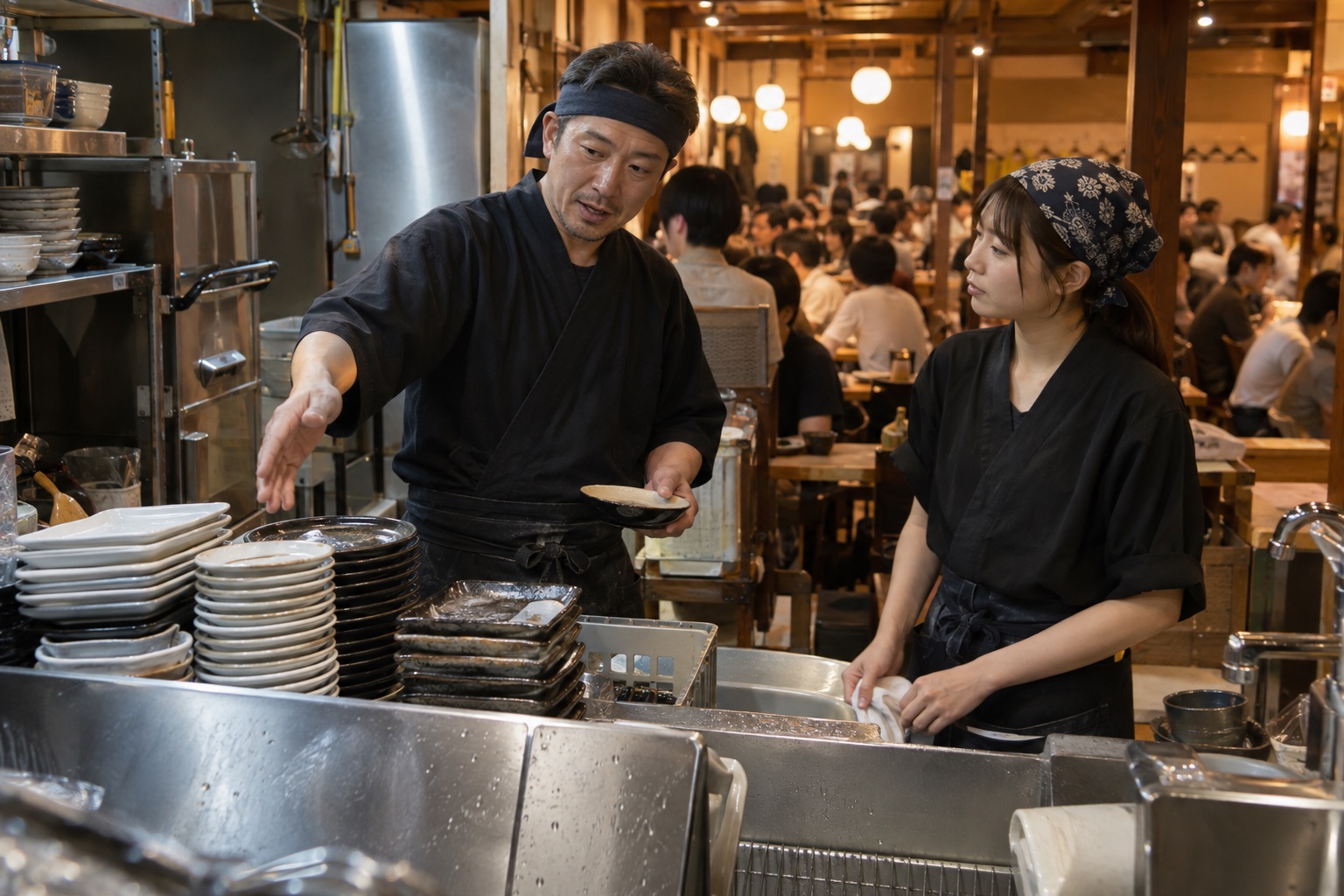 居酒屋の洗い場で交代の段取りを伝える店員。AI生成のイメージで、実際の画面・事例・提供内容を示すものではありません。