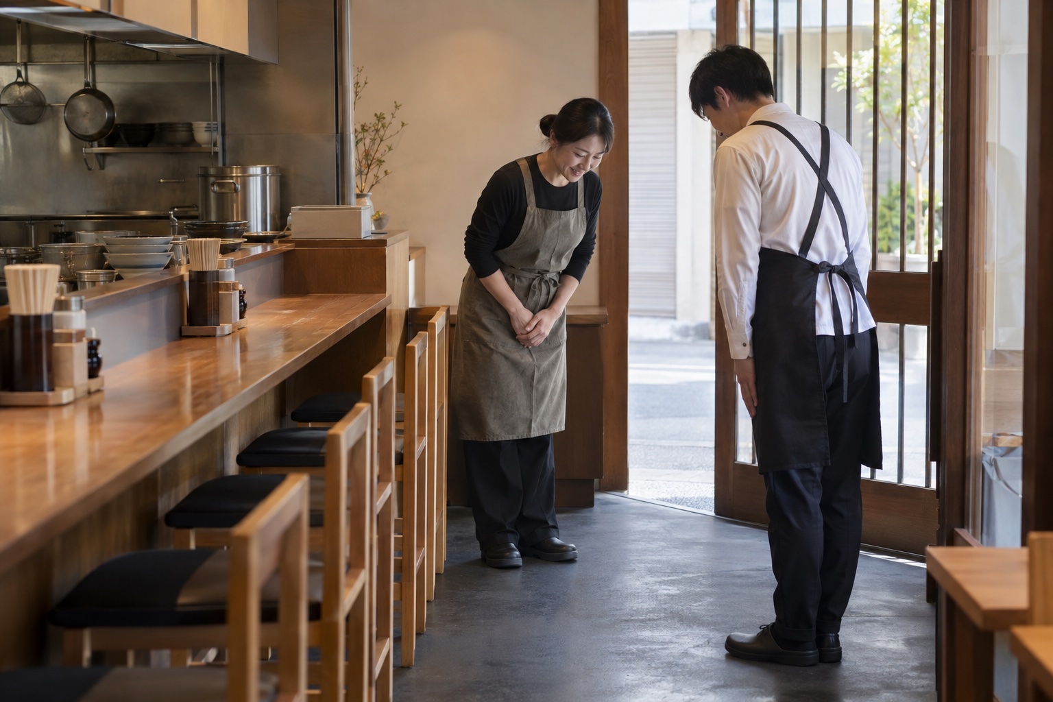 ラーメン店の入口で新人に接客を教える店長。AI生成のイメージで、実際の画面・事例・提供内容を示すものではありません。