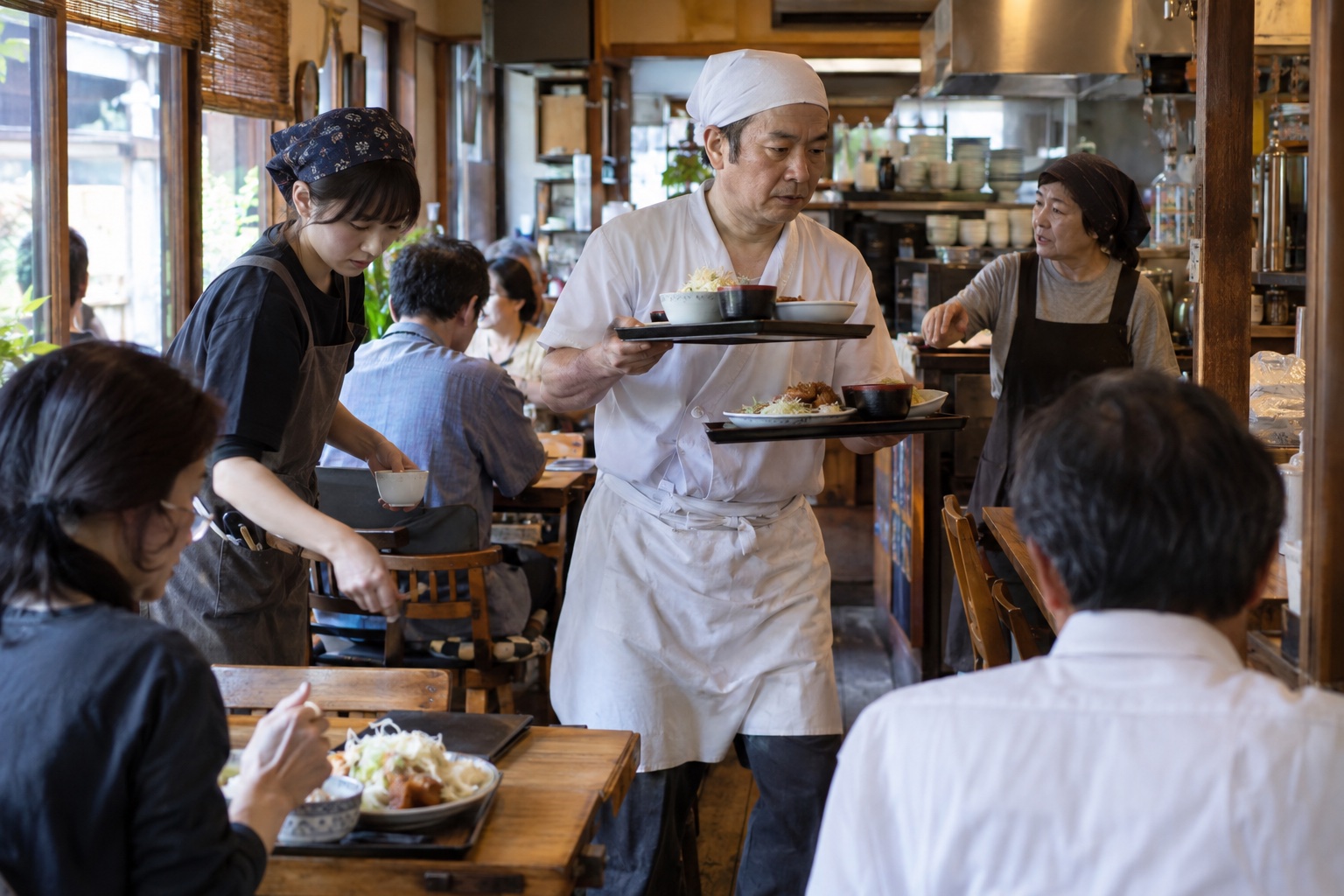定食屋で昼の混雑に息を合わせる家族と店員。AI生成のイメージで、実際の画面・事例・提供内容を示すものではありません。