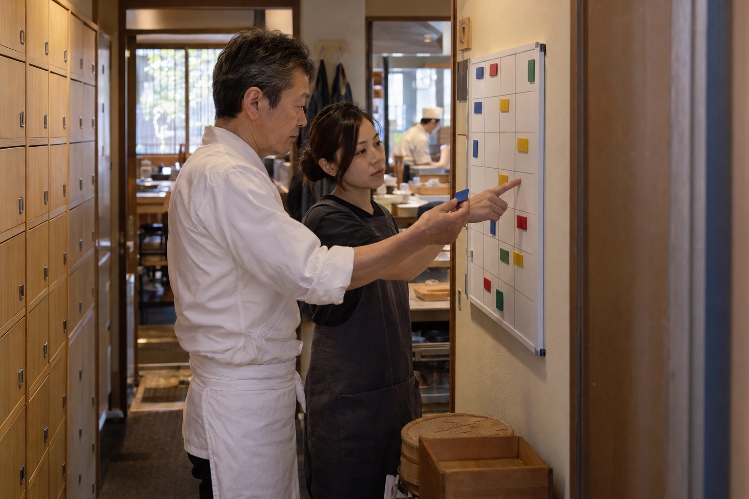 寿司店のスタッフ通路でシフトを組む店主と責任者。AI生成のイメージで、実際の画面・事例・提供内容を示すものではありません。