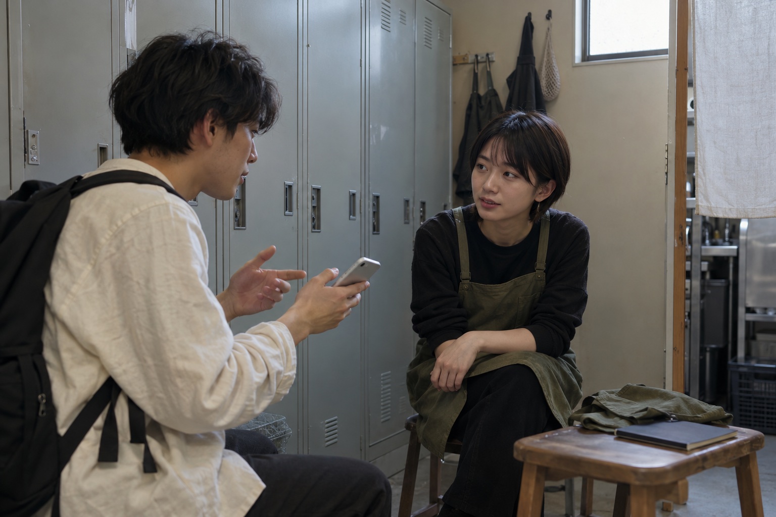 居酒屋のロッカー前で勤務交代を相談する学生。AI生成のイメージで、実際の画面・事例・提供内容を示すものではありません。