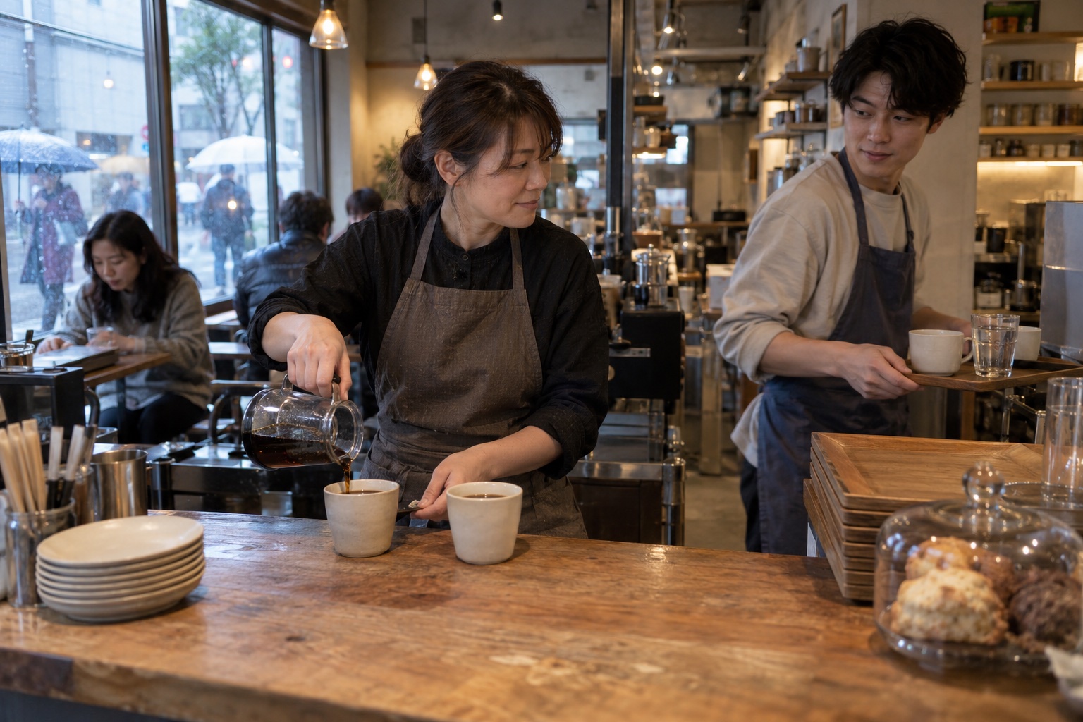 雨の朝のカフェで忙しく連携するスタッフ。AI生成のイメージで、実際の画面・事例・提供内容を示すものではありません。