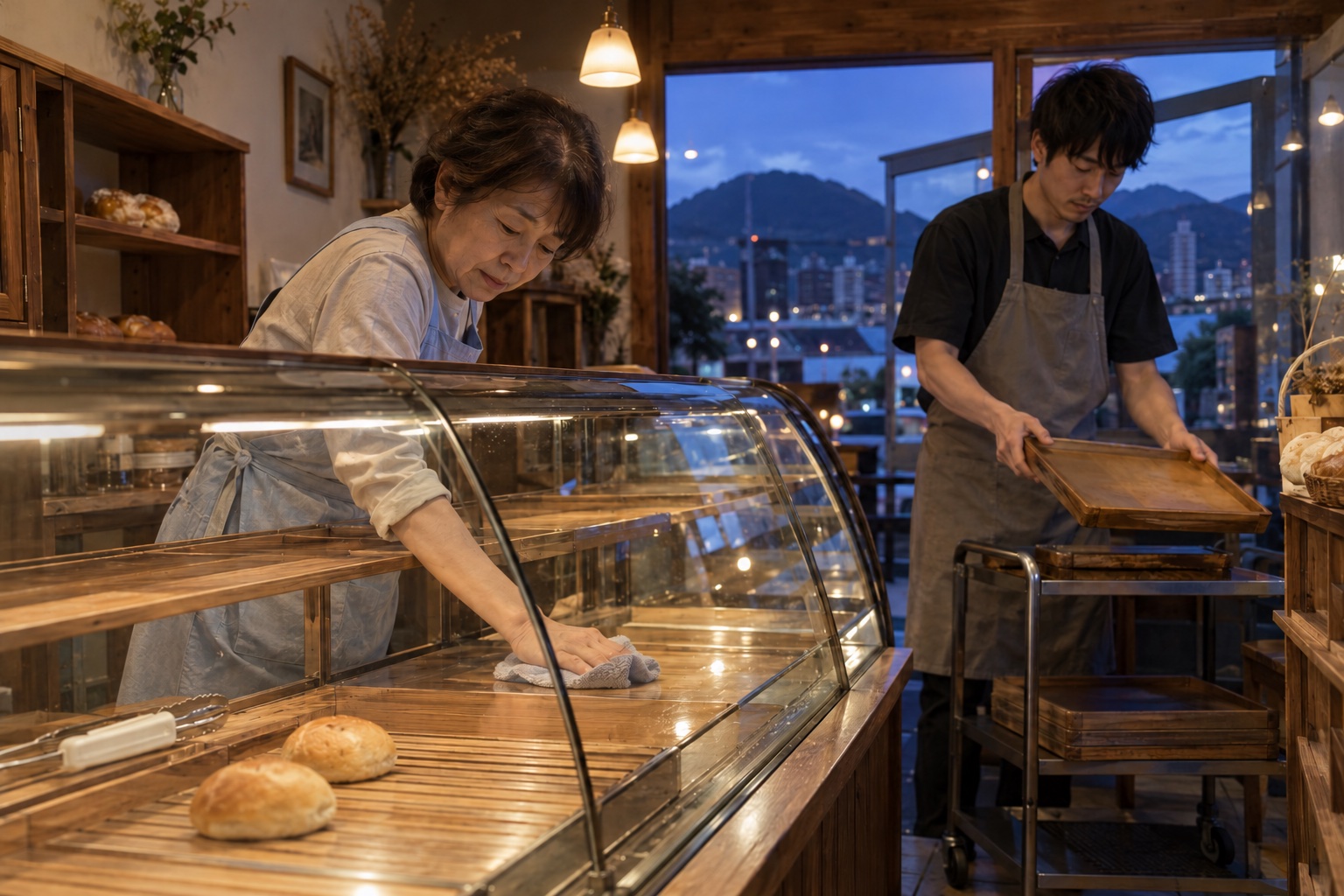 夕暮れのパン屋で陳列ケースを片づける二人。AI生成のイメージで、実際の画面・事例・提供内容を示すものではありません。
