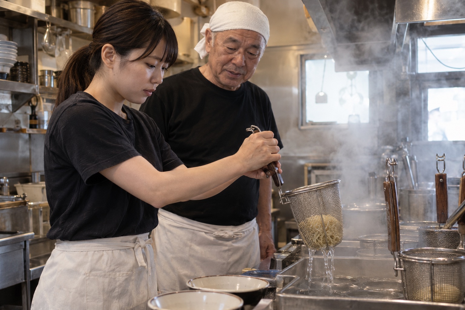 ラーメン店の厨房で湯切りを学ぶ新人。AI生成のイメージで、実際の画面・事例・提供内容を示すものではありません。