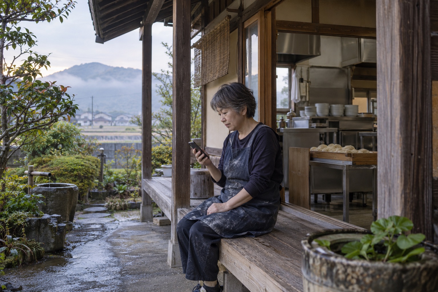 うどん店の縁側で勤務予定を確認する店主。AI生成のイメージで、実際の画面・事例・提供内容を示すものではありません。