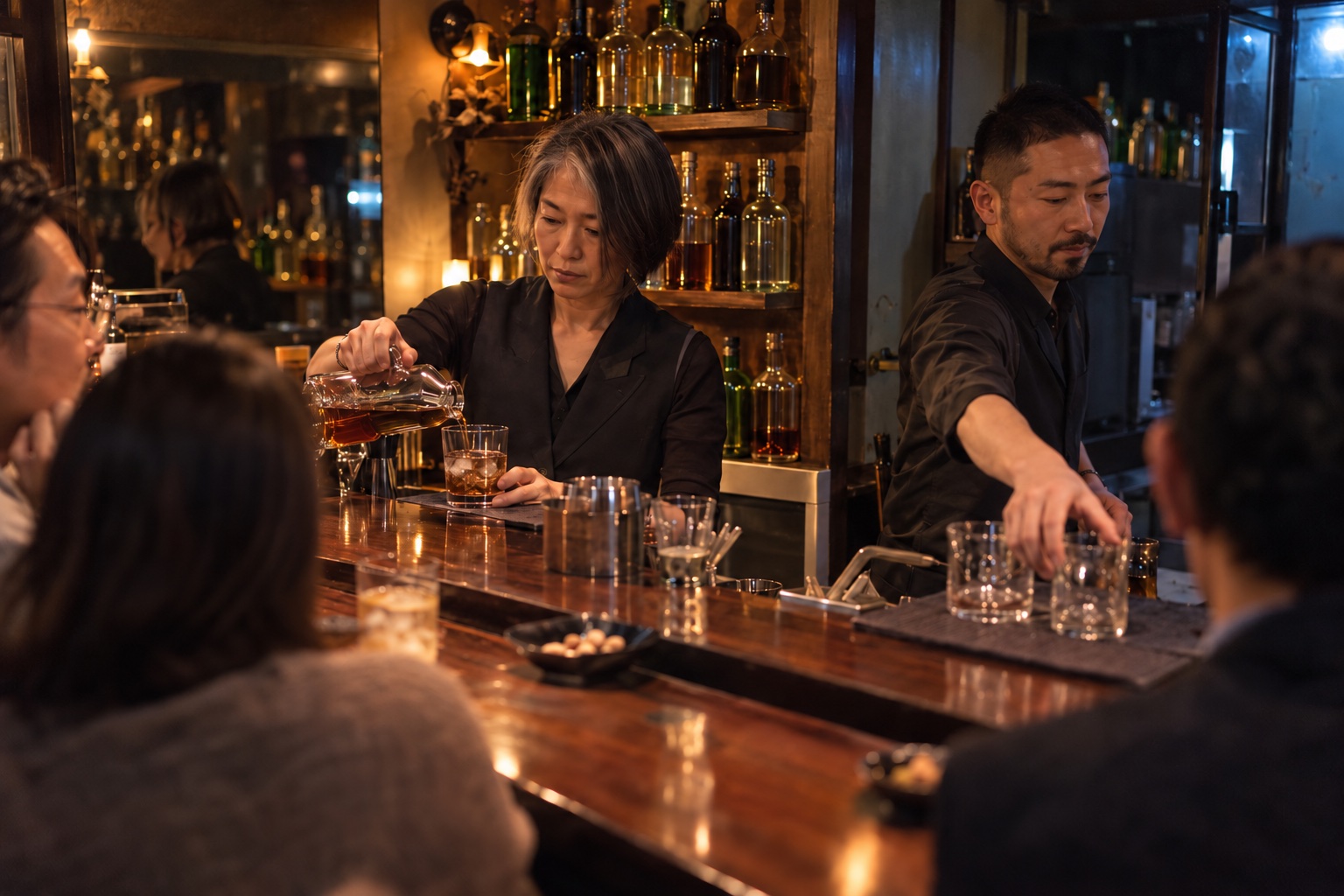 夜の小さなバーで息を合わせて接客する二人。AI生成のイメージで、実際の画面・事例・提供内容を示すものではありません。